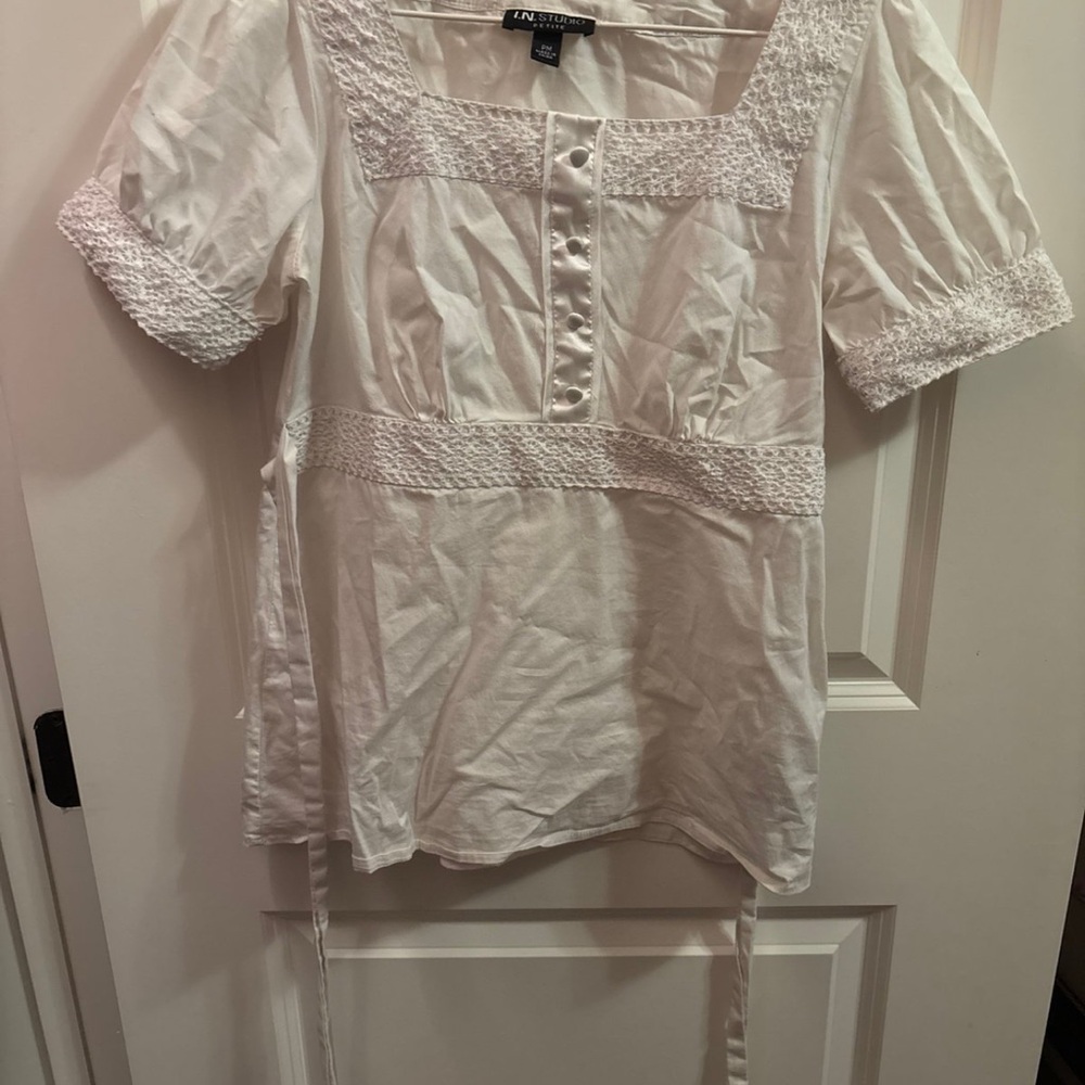I.N. Studio Blue and White Puff Sleeve Blouse